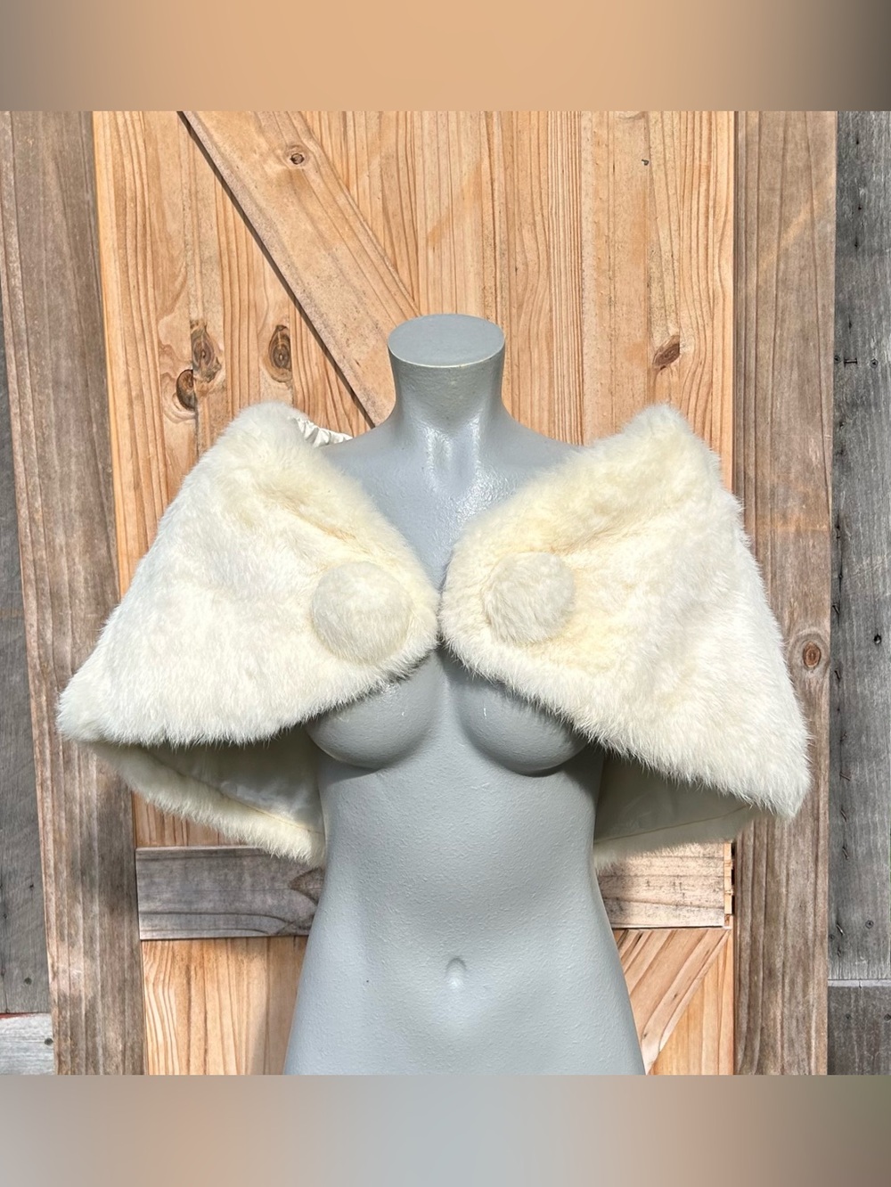Vintage Off White Genuine Rabbit Pom Pom Wedding Cape Wrap Stole Jacket~OS~